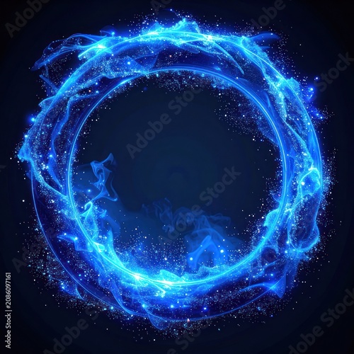 A vibrant blue ring of swirling energy and stardust glows against a dark background.
