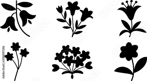 Bild auf Leinwand Black flower silhouettes collection with botanical floral elements and spring bl