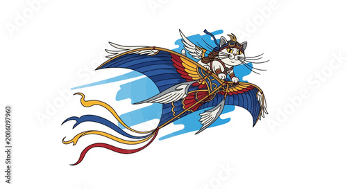 Fotografía Whimsical Cat Rider on Mythical Bird, Flying Through Sky with Clouds