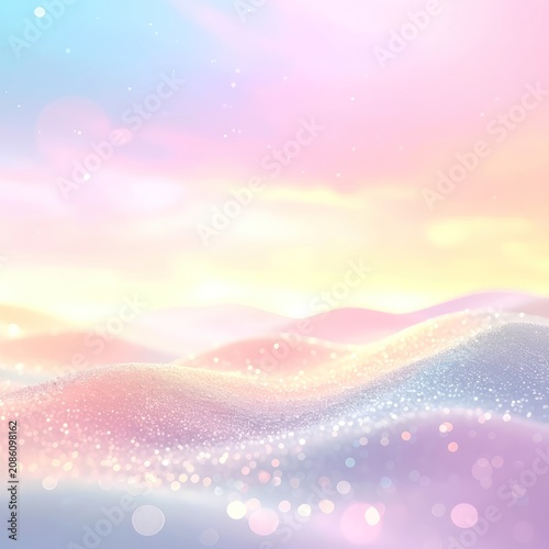 A soft, pastel-colored landscape with rolling hills and sparkling bokeh lights.