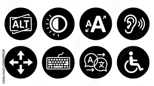 Black and white vector graphic illustration of accessibility icons set