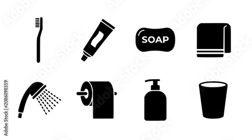 Black and white vector graphic illustration of bathroom essentials set