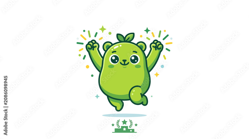 Fototapeta premium Cute Green Character Jumping in Celebration
