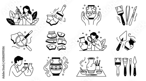 Fotografía Archaeological excavation and pottery restoration doodle set, ancient artifacts, historical research, and cultural heritage preservation