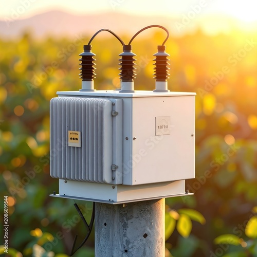 A transformer box sits atop a concrete pole against a sunlit, blurry green field.