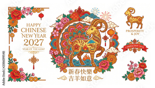 Chinese new year 2027 year of the goat elements and floral decorative frame with traditional festival ornament decorative greeting prosperity illustration celebration horoscope astrology
