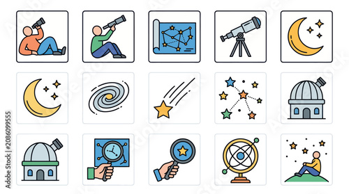 Obraz na plátně Astronomy Icons Set Featuring Telescopes Constellations Celestial Bodies