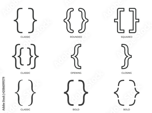 Foto Curly bracket icons in various typographic styles