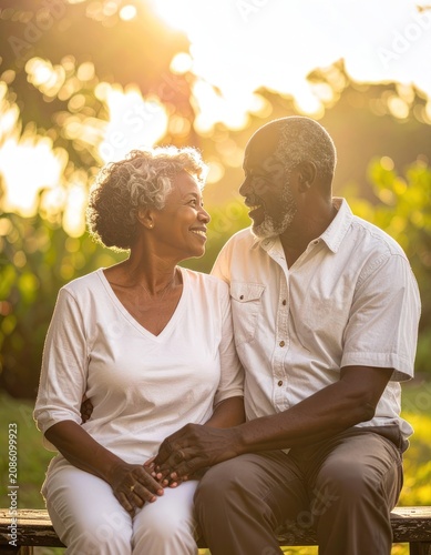 A loving elderly African American couple sits close together outdoors during golden hour, sharing a warm embrace and smiling at each other.