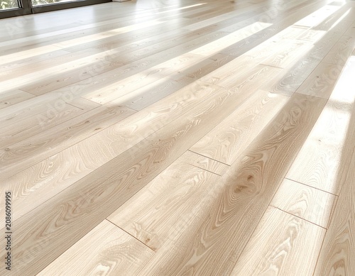 Sunlight streams across a polished light wood floor, highlighting the natural grain patterns.