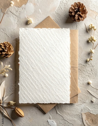 A flat lay composition featuring handmade paper and natural elements, perfect for invitations or stationery.