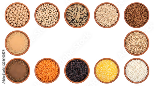 Assorted grains and legumes in bowls arranged for display and food photography.