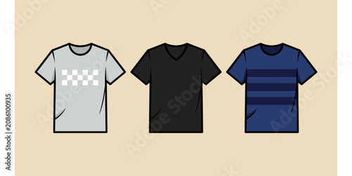 Clothing collection with three different patterned t-shirts