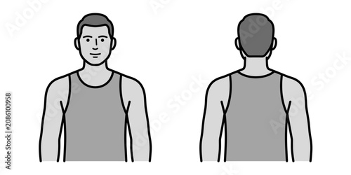 Man wearing a gray tank top in front and back views