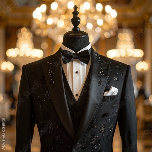 A sophisticated black tuxedo with intricate beadwork is displayed on a mannequin in a luxurious setting with chandeliers.