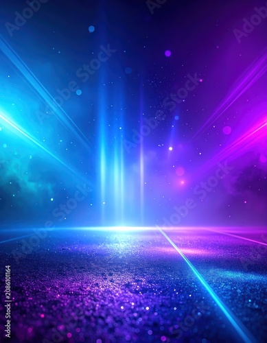 An abstract, futuristic scene with beams of blue and pink light illuminating a glittery, textured surface.