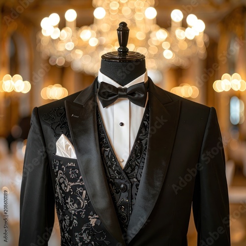 A black tuxedo ensemble with a patterned waistcoat and a white pocket square is displayed on a mannequin against a blurred backdrop of elegant chandeliers.
