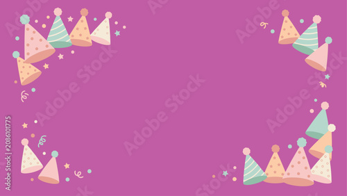 Colorful party hats on pink background with confetti – celebration graphic illustration. Flat vector illustration EPS 10.