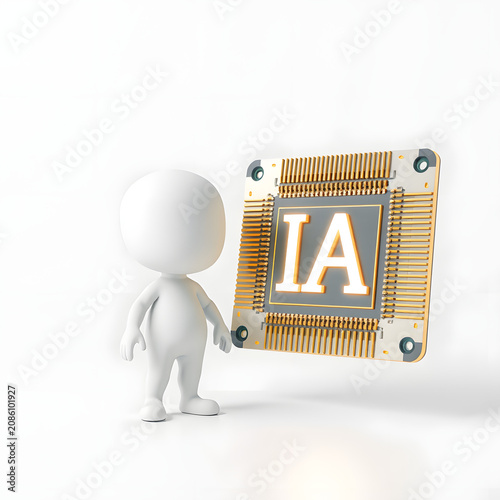 3D white minimalist clay mascot standing next to a floating AI CPU processor chip with glowing letters