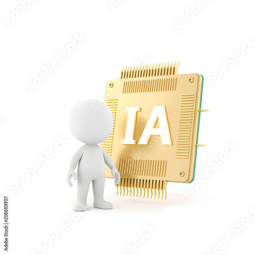 3D white minimalist clay mascot standing next to a floating AI CPU processor chip with glowing letters