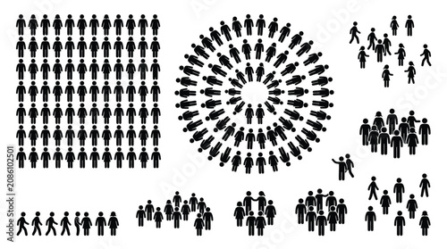 Foto Black stick figure icons arranged in diverse patterns including grids circles an