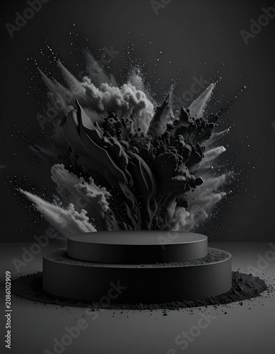 A dynamic abstract explosion of black powder and smoke erupts behind a minimalist black podium.