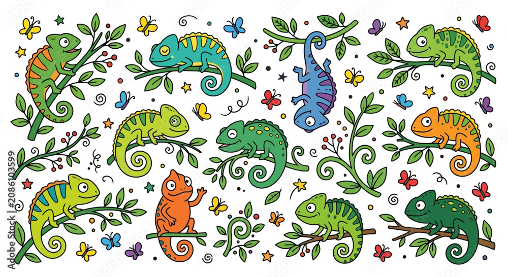 Obraz premium Vibrant Chameleon Collection on Branches with Butterflies and Leaves