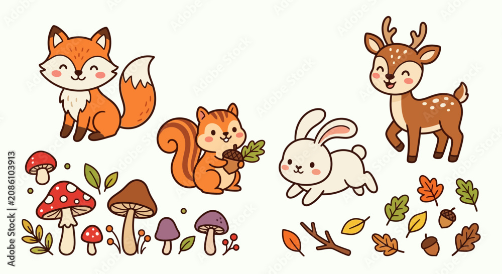Fototapeta premium Cute cartoon woodland animals and autumn elements