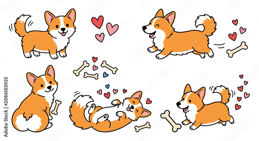 Obraz premium Cute Corgi Dog Poses Collection with Hearts and Bones