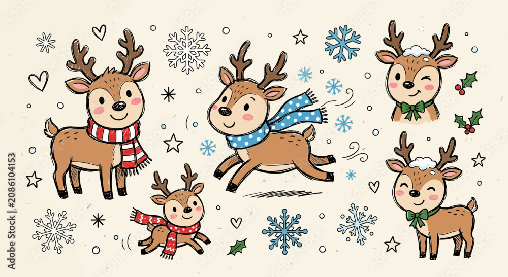 Fototapeta premium Cute reindeer collection with snowflakes, hearts, and holly. Christmas illustrations.