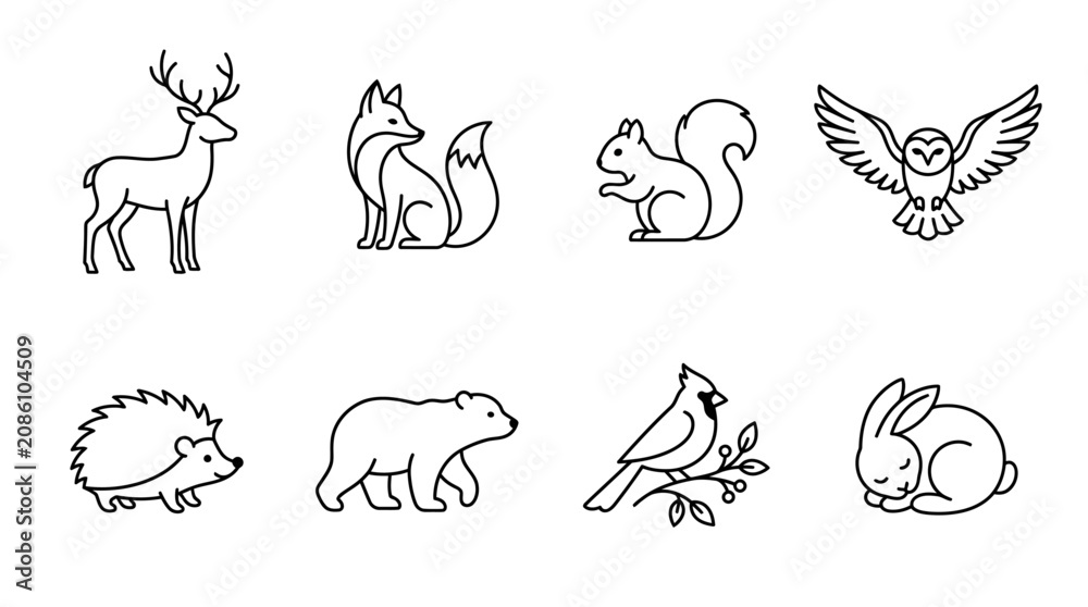 Obraz premium Antler Deer and Sitting Fox Silhouette Grid Asset Sheet for Minimalist Winter Forest Woodland Animal Graphics
