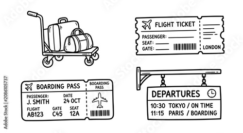Travel essentials: suitcase cart, flight ticket, boarding pass, departures board