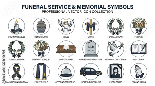 Funeral Service & Memorial Symbols - Vector Icon Collection