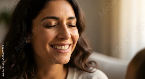 Smiling woman with tear on cheek
