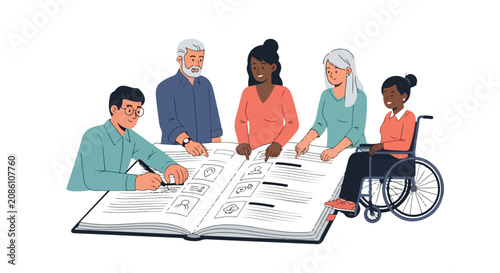 A diverse group of people, including an older man and a woman in a wheelchair, collaborate and interact around a large open book.