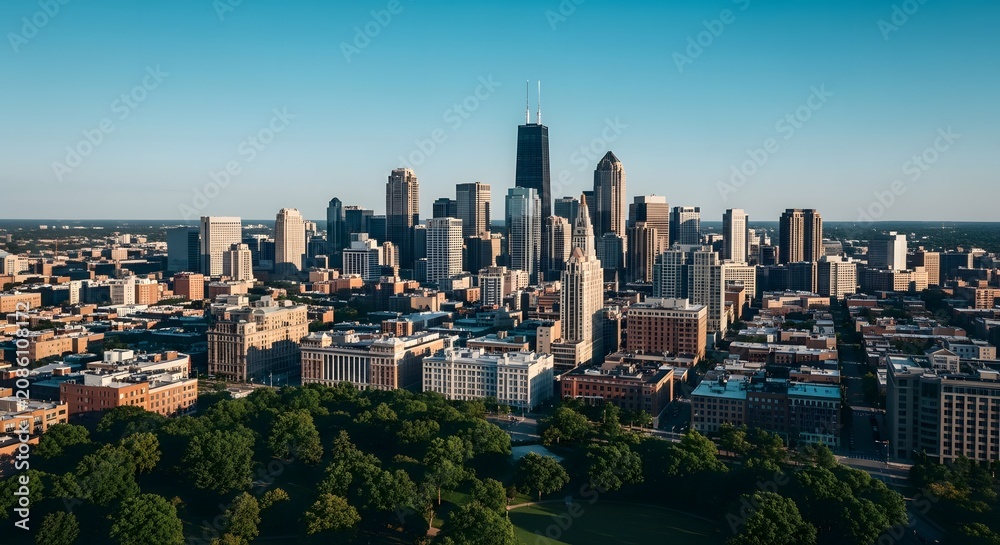 Fototapeta premium Urban cityscape with tall buildings and park