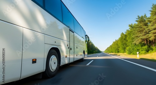 White bus traveling on highway through forest