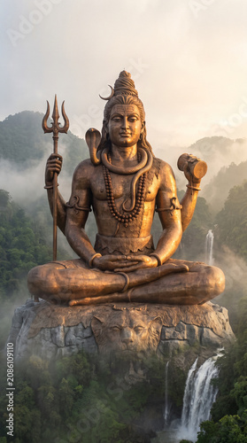 Bronze Lord Shiva statue meditating in misty mountain landscape