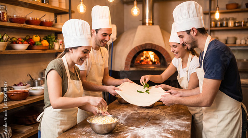 Happy young chefs preparing handmade pizza dough in pizzeria