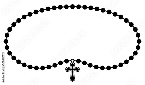 Obraz na plátně Oval rosary bead frame with hanging cross border black and white religious catho
