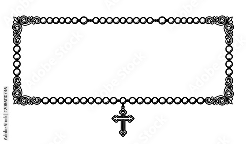 Obraz na płótnie Rectangular ornate rosary bead frame with hanging cross and decorative corner sc