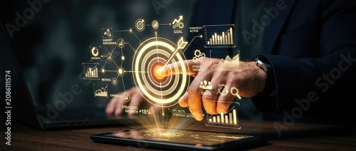 Professional examining data through a digital interface leveraging technology to gain market insights and make strategic decisions within a contemporary office environment