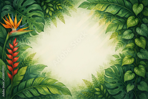 Tropical Watercolor Frame with Bird of Paradise Flowers on Cream Background