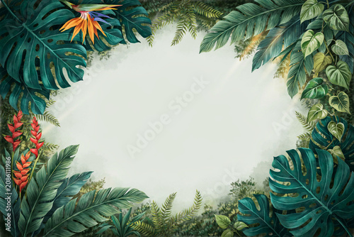 Tropical Jungle Watercolor Frame with Bird of Paradise and Heliconia Flowers