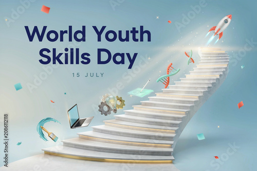 World Youth Skills Day Concept with Staircase Rocket and Education Icons
