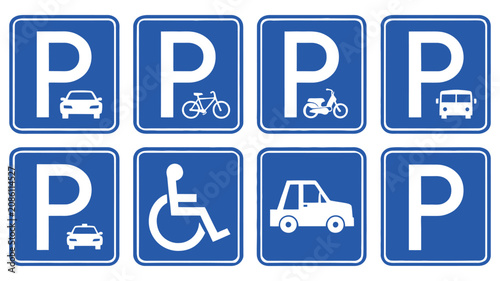 Parking Sign Set Vector with Car, Bicycle, Motorcycle, Bus, Disabled, Campervan and Visitor Parking Signboard Icons