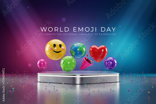 World Emoji Day Concept with 3D Smiley Globe and Heart Icons on Podium
