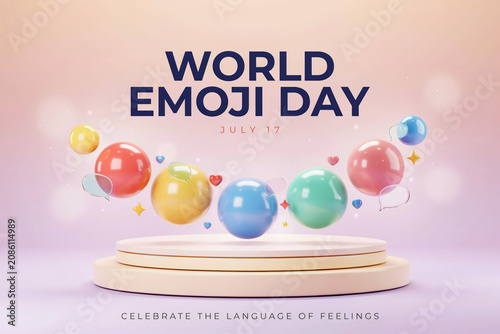 World Emoji Day Banner with Colorful Glossy Spheres and Speech Bubbles