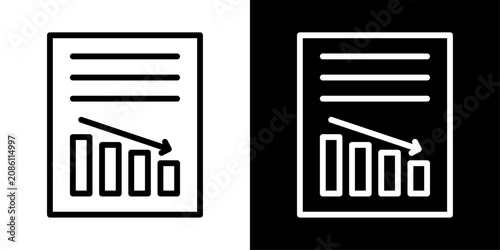 Photos Line style decline report icon with document and downward bar chart, ideal for loss statement, negative trend, and downturn analysis apps
