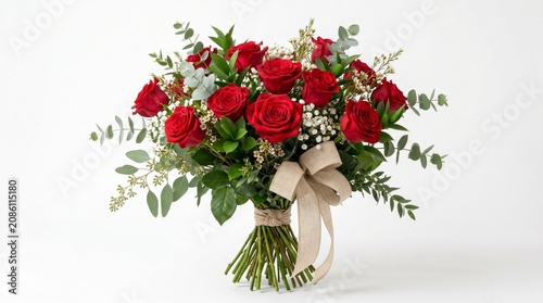 Vibrant red rose bouquet, a luxurious floral arrangement for romance and celebration. Elegant fresh cut flowers with lush green foliage and a rustic ribbon, perfect for Valentine's Day